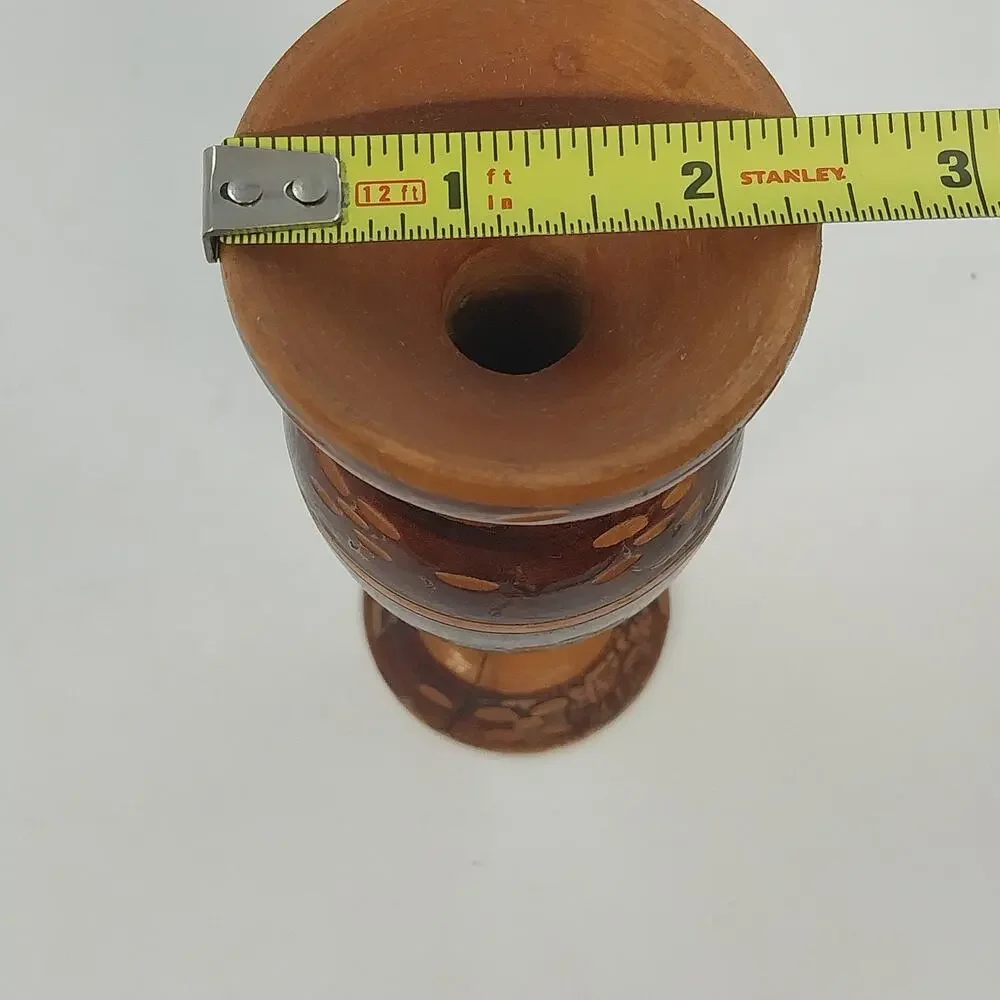 Hand Crafted Wooden Bud Vase Brown Carved Detailed Inlay Folk Art 6.9